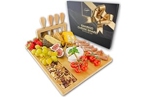 DURAWE COMPANY Tagliere in bambù con 4 coltelli e supporto rimovibile – Piatto da portata con scomparti per snack, Charcuterie Board per aperitivo, degustazione di vino e idea regalo cucina