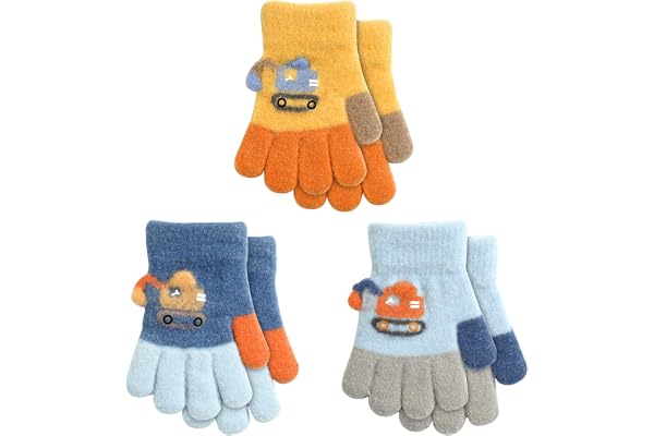QKURT 3 par magiska handskar för barn, vinterstickade handskar, barnvantar, stretchiga helfinger-termohandskar, julhandskar för 1–4 år gamla pojkar och flickor, flerfärgad, En Storlek