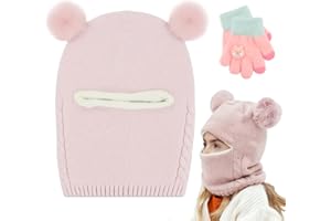 Solivive Süßes Wintermütze Baby,Verdickt und Warm Schlupfmütze Kinder,Mit Pompons Schlupfmütze Baby,Winddicht und Kältebeständig Mütze und Handschuhe Set, Unisex