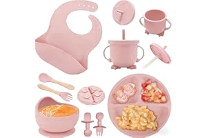 ABCORPHIC Barnserviettsats av silikon, 8 delar (babytallrik med sugkopp, sked, gaffel, skål, haklapp, mugg), utan BPA, diskmaskin- och mikrovågssäker, blå