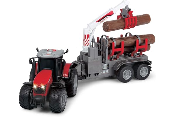 Dickie Toys Massey Ferguson 8737 Tracteur avec remorque et 3 troncs en bois avec poignée en bois et remorque 42 cm