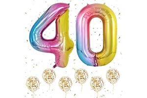 OUSUGA Number 40 Balloons Rainbow, 40 Inch Large Digital Helium Foil Mylar Birthday Balloons with 6Pcs Gold Confetti Balloons for 40th Men Women Birthday Anniversary Party Decorations
