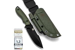 ‎WOLFGANGS Wolfgangs ODENWOLF Outdoor-Messer AMBULO mit Kydex Holster - Edles Jagdmesser aus einem Stück D2 Stahl gefertigt - DAS Bushcraft Messer - Perfektes Survival Messer (Grün - Schwarz)
