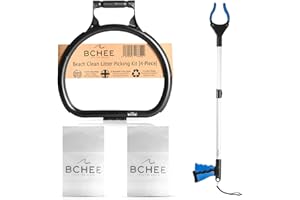 BCHEE UK Litter Picking Beach Clean Kit, 1x Litter Bag Holder 100% Recycled Made In Britain, 1x Strong Foldable Litter Picker (Upgraded Design), 2x Reusable Recyclable Litter Bags | Multi-buy Discount