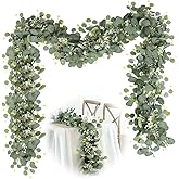 Wapasezyar 2 Pcs Artificial Eucalyptus Garlands Decorative 6 Feet Green Leaves with White Flowers Eucalyptus Clay Wedding Bac