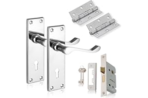 XFORT Chrome Elegance Range Polished Chrome Victorian Lever Lock Pack, Complete Set with Lock Door Handles, 65mm Sashlock and 75mm Ball Bearing Hinges, for Internal Wooden Doors