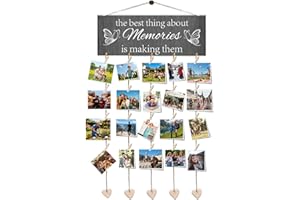 HLGniys Fotowand mit Klammern，Bilderrahmen mit Klammern und Leine，Hölzerne Bilderrahmen Collage，Kreativ Fotovorhang mit 20 Kleinen Holzklammern, 6 Fotoseil und 5 Herzen
