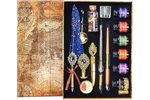 LSFCHYBY Gemstone Quill Pen and Ink Set,Feather Pen Ink Set, Wax Seal Stamp Set, Feather Calligraphy Pen Set,Various Holiday (Gemstone navy blue)