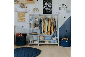 SWEET HOME FROM WOOD Children’s Wardrobe - Wooden Clothes Rack with Hanging Rail & Display Shelf for Children - DIY Dressing Furniture, Open Closet for Kids, Easy to Assemble - Grey Wood Finish