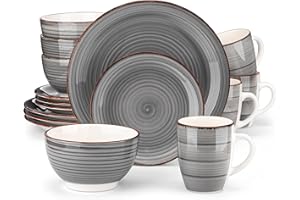 vancasso Bella Dinner Set for 4, Stoneware Plate Bowl Set Handpainted Tableware, 16 Piece Grey Dinner Service with Dinner Plate/Dessert Plate/Cereal Bowl/Mug, Rustic Chic Style