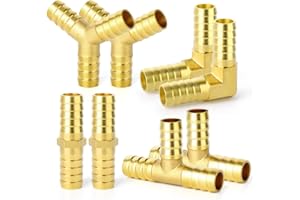 GASHER 8 Pièces 8mm pouce en laiton tuyau Barb Set, 90 degrés L angle droit coude, en forme de Y tuyau d'air Barb, Tee tuyau Barb, carburant/AIR/eau/huile/gaz/WOG