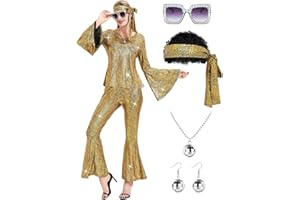 Ragelion Disco Outfit Damen,60er 70er Jahre Outfit Damen für Halloween Party mit Top Hose Zubehör