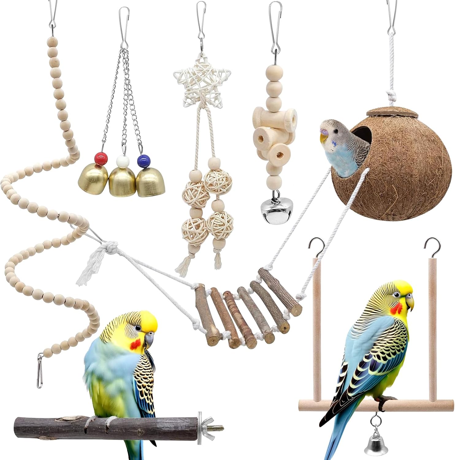 Juguetes para Loros de Cáscara de Coco, Set de 7 Piezas para Agapornis, Periquitos y Cacatúas, Columpio para Masticar y Trepar, Accesorios Colgantes para Jaula, Juego y Entretenimiento