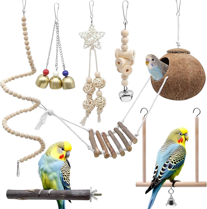 Juguetes para Loros de Cáscara de Coco, Set de 7 Piezas para Agapornis, Periquitos y Cacatúas, Columpio para Masticar y Trepar, Accesorios Colgantes para Jaula, Juego y Entretenimiento