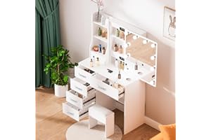 Ereousa Postazione Trucco, Toilette Trucco con Sgabello e Specchio, Toletta da Trucco con 6 Cassetti, 6 Ripiani, Bianco 36x80x131cm, H072602