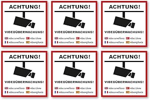RITTER MEDIENDESIGN Premium Aufkleber 6 Stück Bereich ist Videoüberwacht Mehrsprachig 5 x 5 cm Alarm Videoüberwachung Hinweis Witterungs- und UV-Beständig