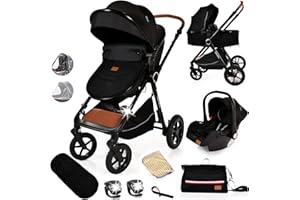LIBREBON Baby Pram Pushchair Buggy Stroller 3 in 1 Child Lightweight Folding Stroller 3 in 1 Travel System Pram for Newborns Toddlers from Birth Aluminum (Black - Black Frame)