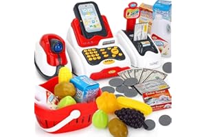 HAPITOIZ Toy Till, Pretend Play Smart Cash Register for Kids, Cashier with Checkout Scanner, Play Money and Play Food Play Kitchen Set, Educational Interactive Toys for Toddlers Gifts for Boys & Girls