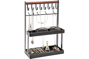 Lolalet Jewelry Organizer Stand Holder, 4-Tier Jewelry Tower Rack with 12 Hooks Place Jewelry Rings Necklaces Sunglasses for Entryway Dresser Vanity Bedside Tables -Black