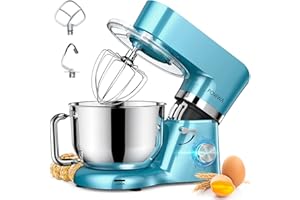 Batidora Amasadora, POWWA Amasadora de Pan Repostería 1500W, 6 Velocidades con Pulso, Potente y Bajo Ruido, Robot de Cocina Amasador Multifuncional, Bol de Acero Inoxidable 6.2 L Capacidad-Azul