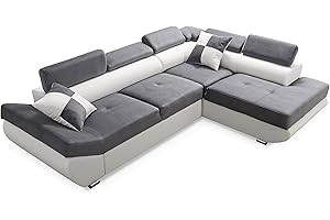 ROBIN INSPIRE Robin Saturn Divano angolare con funzione di letto con cassetto per la biancheria e cuscin angolo a destra grigio e bianco 280 x 200 x 75
