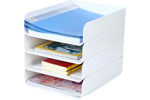 HKEEPER (4 szt. w opakowaniu) tace papierowe do układania w stos, organizer na tacę na listy, organizer na biurko biurowe, uchwyt na papier A4, magazyn z materiałami, dokumenty, paragony (białe)