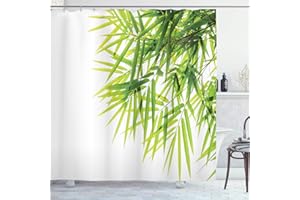 ABAKUHAUS, Bamboo Drukuj, Zasłona prysznicowa, Bamboo liści Ilustracja do Wellbeing Zdrowie Fresh Purity Spokojnym Sztuki, Zielony biały, 175cm x 220cm