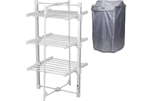 GlamHaus Electric Heated Clothes Airer Dryer Rack Aluminium with Cover Indoor - Folds Flat for Easy Storage - 3 Tier Design - Only 220W
