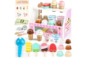 Dreamon Eisdiele Kinder Holz, 38 Stück Kinderküche Zubehör Montessori Spielzeug, EIS Holzspielzeug mit Spielgeld Münze, Kaufladen Rollenspiele Geschenk 3 4 Jahre Mädchen Junge