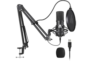 MAONO AU-A04 Studio Microphone Kit USB Connection Table Spring Loaded Boom Arm and Pop Filter, Black