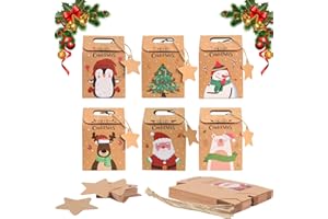 AWBEOT 24 bolsas de regalo de papel Navidad Kraft bolsas de papel navideñas cajas regalo Navidad con cinta caja para regalo Navidad caramelo chocolates galletas Blanco y Marrón (Marrón)