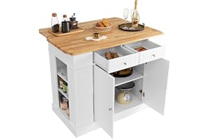 KOMFOTTEU Wyspa kuchenna z wysuwanym blatem roboczym, drewniana szafka kuchenna z szufladami, regały boczne i 2 szafki drzwiowe, kredens kuchenny z regulowanymi półkami do kuchni 120 x 61 x 92 cm