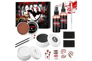 LIGTMOR Maquillage halloween pour visage, 11 pièces Faux Sang Maquillage Set Avec Peinture Corporelle Noir et Blanc,Faux Sang,Cire de cicatrice,éponges,Autocollant Cicatrice,Outil Spatule