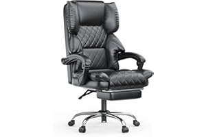 naspaluro Silla de Oficina con Reposapiés, Silla de Escritorio Ergonómica, Silla Ordenador de Cuero PU con Reposabrazos Acolchada y Reposacabezas, Silla Giratoria con Función de Inclinación, Negro