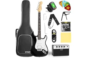 STRICH Electric Guitar Beginner Kit, Solid Body 39" Full Size Electric Guitar HSS Pick Up for Starter, with 10W Amp, Bag, Digital Tuner, Capo, Strap, String,Cable, Picks, SST-S20 Black