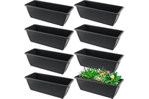 MUKSEUT 8PCS 17 Inch Black Window Boxes with Drainage Holes and Trays, Resin Flower Window Box Planter, Rectangle Planters for Windowsill, Patio, Garden, Home Decor, Porch Yard