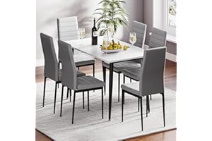 JOOLIHOME LIVING Dining Table and Chairs Set of 6, 120CM Marble Effect Dining Table with 6 Faux Leather High Back Dining Chairs,Modern Dining Table Set for Home/Kitchen Office (White table and 6 grey chair)