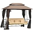 Outsunny Dondolo 3 Posti da Giardino Convertibile in Lettino con Gazebo, con Zanzariera e Cuscini, 257x175x240cm Cachi