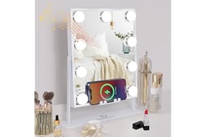 FENCHILIN Hollywood Vanity Mirror with Music Speaker and Wireless Charging, Vanity Mirror with Lights 9 Dimmable Bulbs Makeup Mirror 3 Color Lighting Tabletop(White)