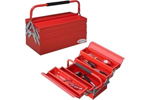 DURHAND Metal Tool Box 3 Tier 5 Tray Professional Portable Storage Cabinet Workshop Cantilever Toolbox with Carry Handle, 45cmx20cmx34.5cm, Red