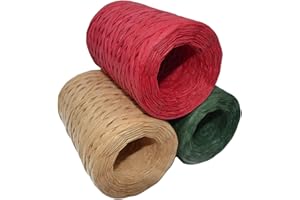MIENOCOL 300M Raffiabast Papierband,Rot,Grüne Und Naturbast Bast Weihnachten Raffia Bastband 3 Rollen Natur Bindebast für Weihnachten Geschenkverpackung, Weben, DIY Handwerk Dekoration
