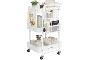 SONGMICS Kitchen Trolley, 3 Metal Mesh Shelves, Serving Trolley, 2 Removable Perforated Plates, 2 Hanging Baskets, 4 Hooks, for Office, Kitchen, Living Room, Bathroom, Cloud White LRC037W01