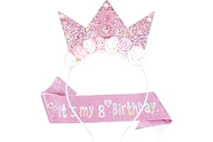 LunarCharm birthday decorations for girls, hairband and glitter sash for litter girls as birthday decorations, flower princess crown hairband