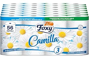 Foxy Camilla | Carta igienica 3 veli profumata alla camomilla | 56 rotoli | 160 strappi per rotolo | Carta 100% certificata PEFC | Confezione 100% riciclabile