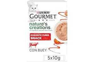 PURINA TIDY CATS Purina Gourmet Nature's Creations Puree, Snack, premio para Gato Con Buey y Tomate, 5 sobres de 10g