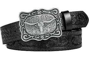 Vicloon Western cowboy läderbä för män, graverad blommig långhorn tjur Texas spännbä , 3,8 cm bred, jul halloween herrbä