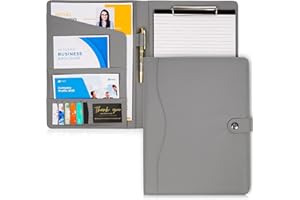 AMKSONS GESCHÄFT AMKSONS - Cartellina formato A4, con portablocco e blocco note A4, in pelle PU, con scomparti per documenti, portapenne, coperchio e chiusura magnetica (grigio)