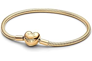 Pandora Moments Schlangen-Gliederarmband mit Herz-Verschluss aus Sterling Silber mit vergoldeter Metalllegierung, Kompatibel mit Pandora Moments, Größe:18, 563050C00-18