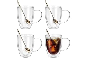 JNSMFC Doppelmauerte Glas Kaffeetassen mit 4 Löffel, 350 ml Set von 4 isolierten Glaskaffeetassen mit Griff, klare Kaffeetassen für Cappuccino, Espresso, Latte, Tee, hitzebeständige Brille zum Trinken