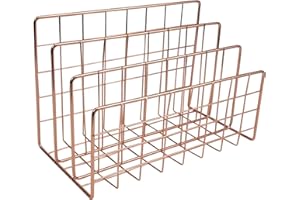 Changrongsheng Metal Magazine Rack Desktop File Holder, 3 Slot Iron Wire Storage Rack Shelf File Organizer Holder Multifunctional Letter File Book Storage Basket for Home Office Decoration (Rose Gold)